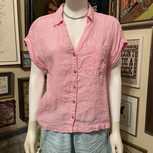 Rachel Zoe Womens Pink Linen Cap Sleeve Waist Length Button-Up Shirt Size M